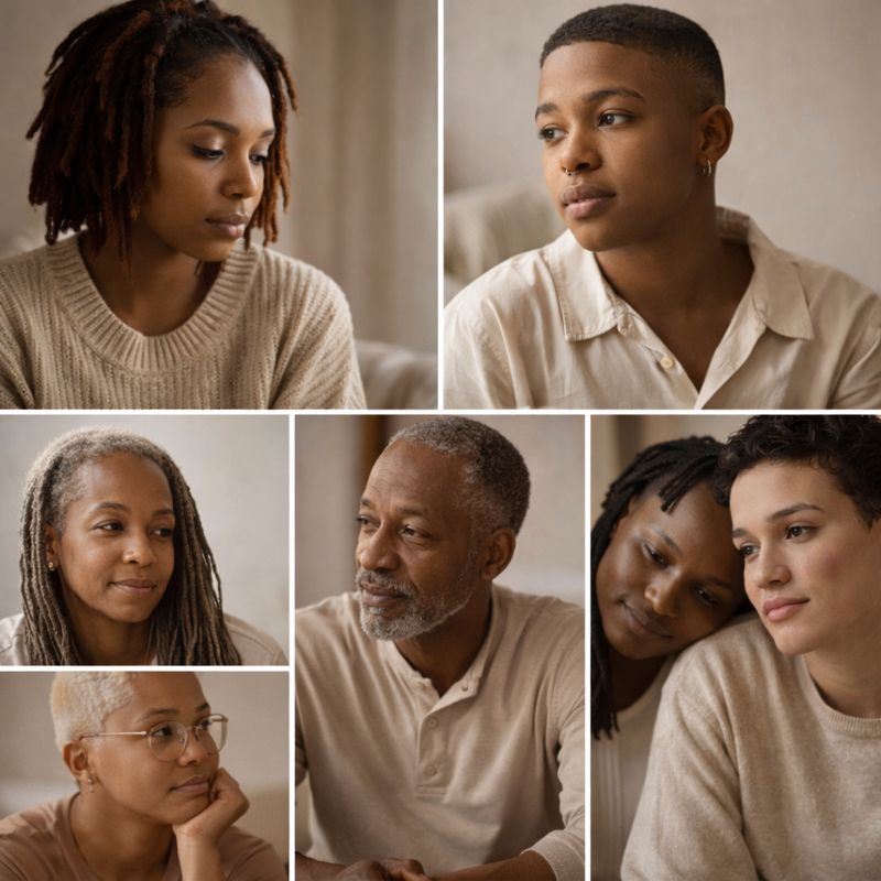 Diverse Black autistic individuals showing variety of ages, hairstyles, and presentations in intimate portraits